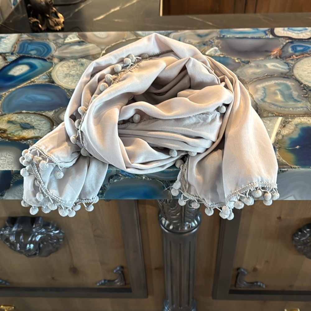 April Marin gray with pom-pom fringe scarf